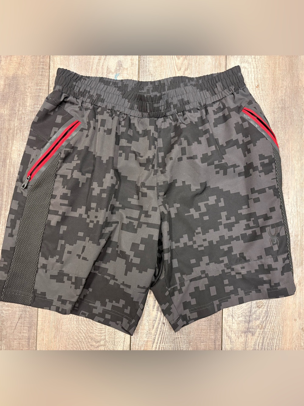 Spyder Men's Active Digital Camo Training Shorts Black Grey Red Trim M